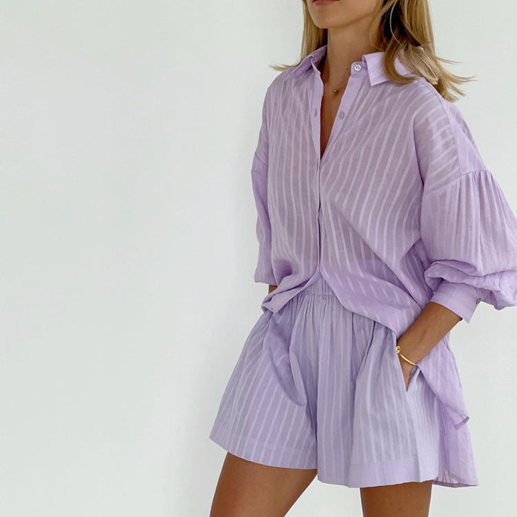 Viola - Completo con Camicia a Bottoni e Pantaloni Corti Leggeri